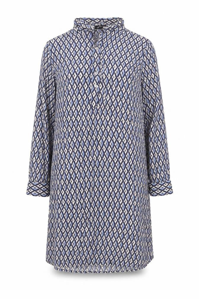 Front view of Milano women’s multicoloured geometric viscose shift, size UK 12, collared button