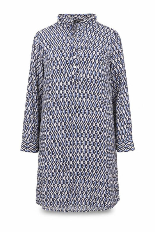 Front view of Milano women’s multicoloured geometric viscose shift, size UK 12, collared button