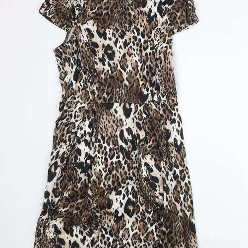 Red Herring Womens Brown Animal Print Cotton Shift Size 14 Round Neck Zip - Leopard Print
