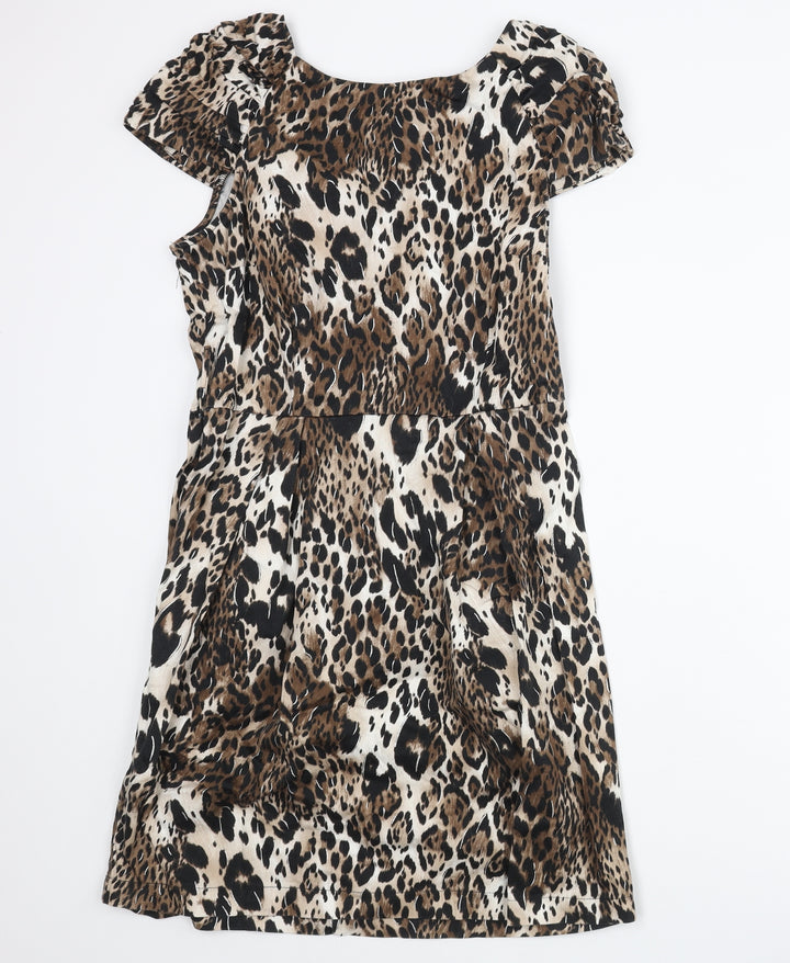 Red Herring Womens Brown Animal Print Cotton Shift Size 14 Round Neck Zip - Leopard Print