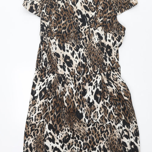 Red Herring Womens Brown Animal Print Cotton Shift Size 14 Round Neck Zip - Leopard Print