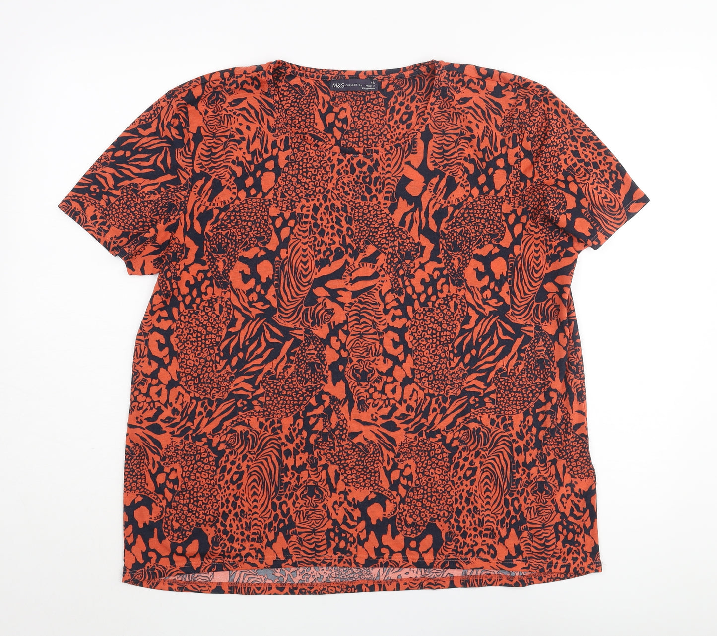 Marks and Spencer Womens Orange Animal Print Polyester Basic T-Shirt Size 16 Round Neck - Jungle Cat Print