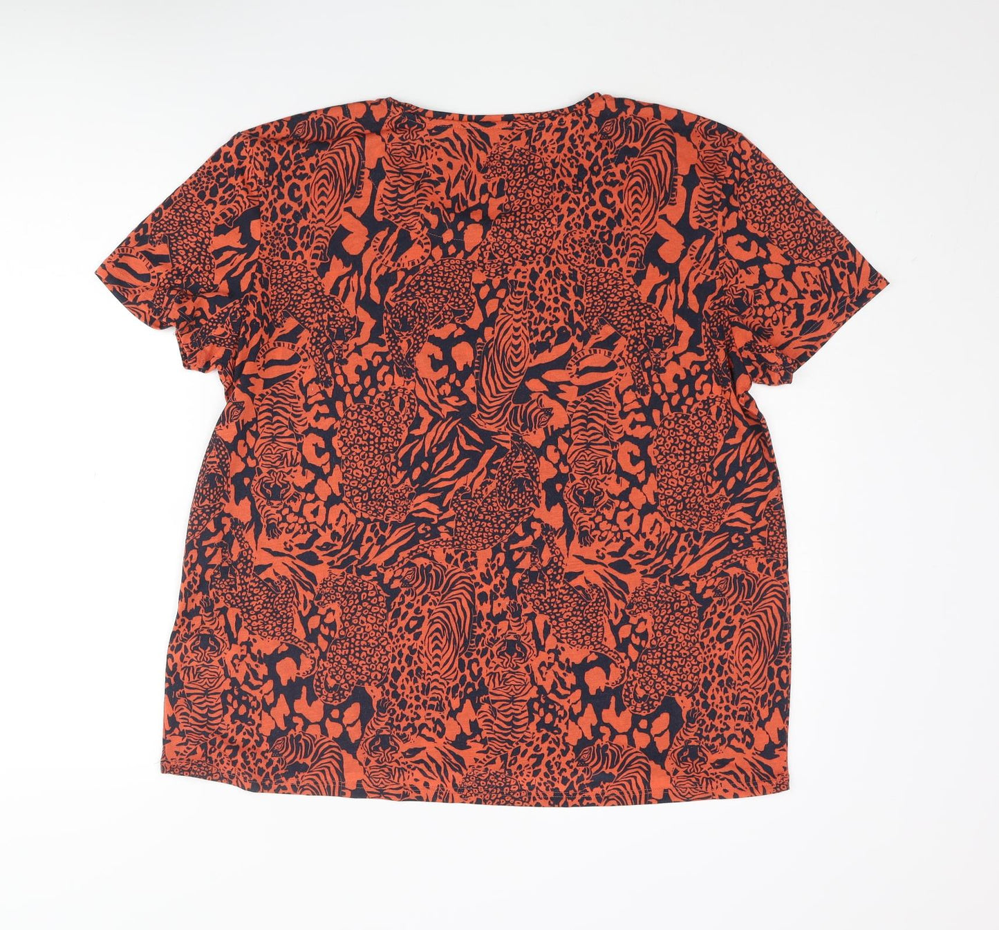 Marks and Spencer Womens Orange Animal Print Polyester Basic T-Shirt Size 16 Round Neck - Jungle Cat Print
