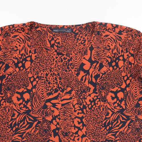 Marks and Spencer Womens Orange Animal Print Polyester Basic T-Shirt Size 16 Round Neck - Jungle Cat Print