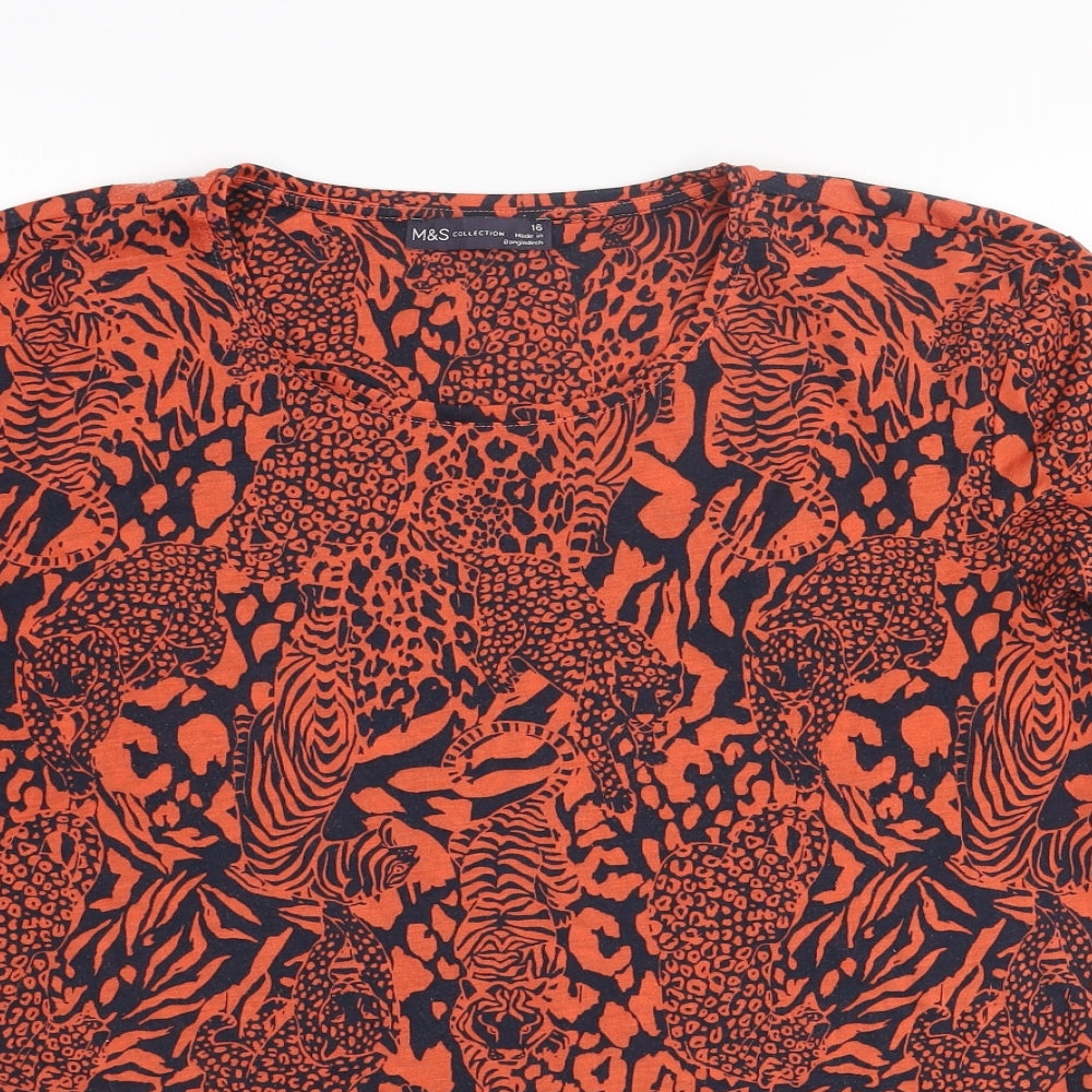 Marks and Spencer Womens Orange Animal Print Polyester Basic T-Shirt Size 16 Round Neck - Jungle Cat Print