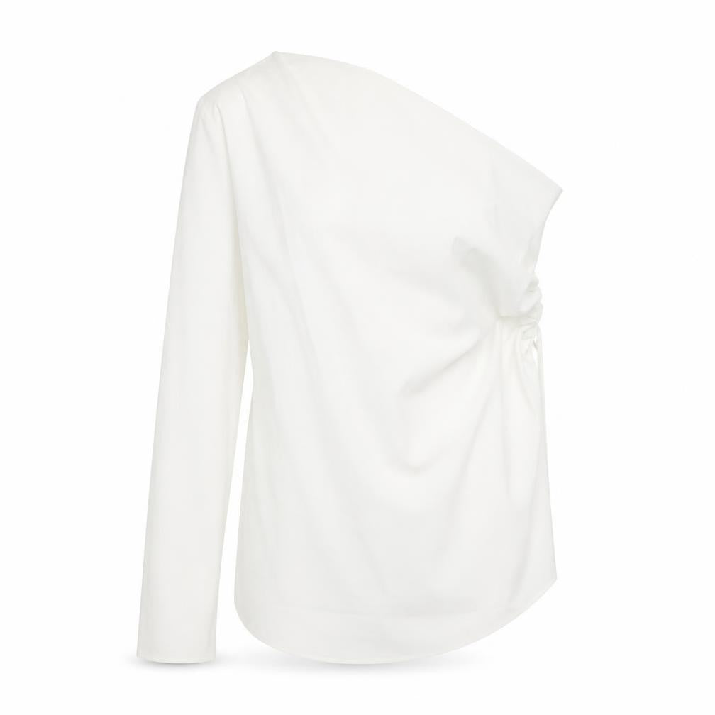 Front view of Zara women’s white polyester basic blouse, size S, one shoulder - asymmetric hem rouched