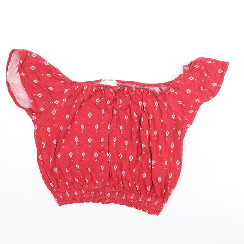 H&M Womens Red Geometric Viscose Cropped Blouse Size XS Collared