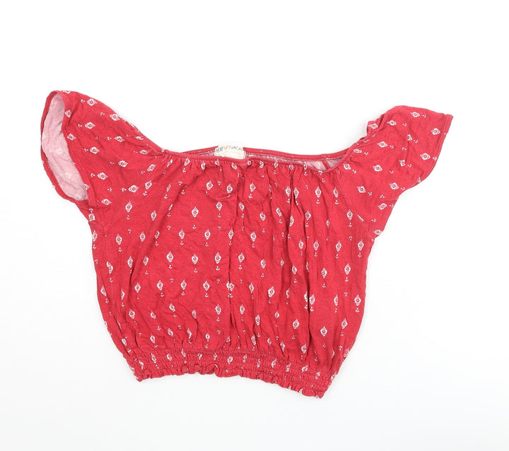 H&M Womens Red Geometric Viscose Cropped Blouse Size XS Collared