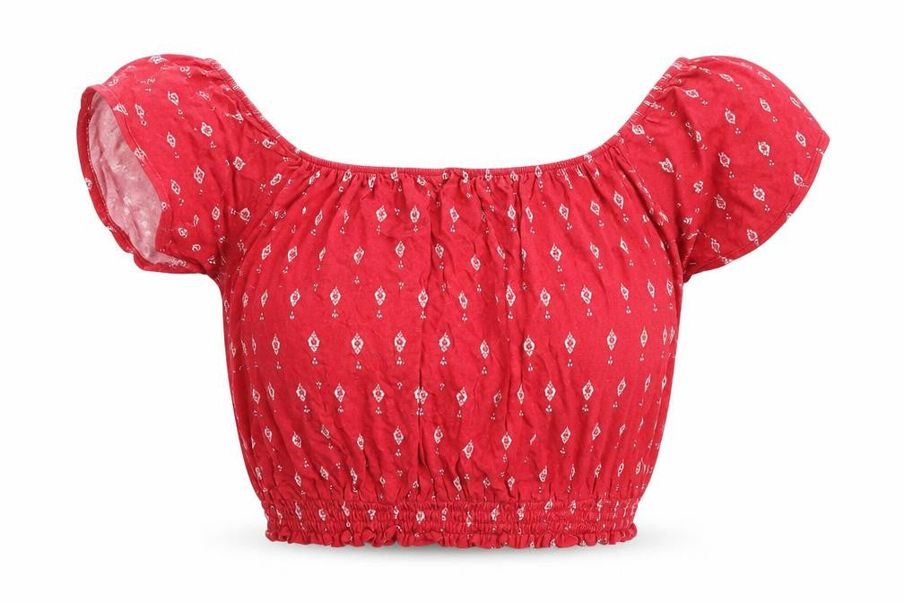 Front view of H&M women’s red geometric viscose cropped blouse, size XS, collared