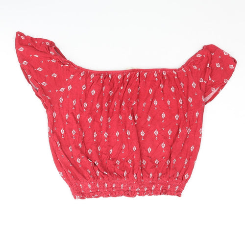 H&M Womens Red Geometric Viscose Cropped Blouse Size XS Collared