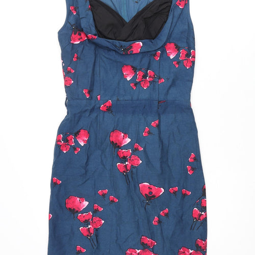 Lindy Bop Womens Blue Floral Cotton Pencil Dress Size 12 Sweetheart Zip