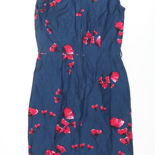 Lindy Bop Womens Blue Floral Cotton Pencil Dress Size 12 Sweetheart Zip