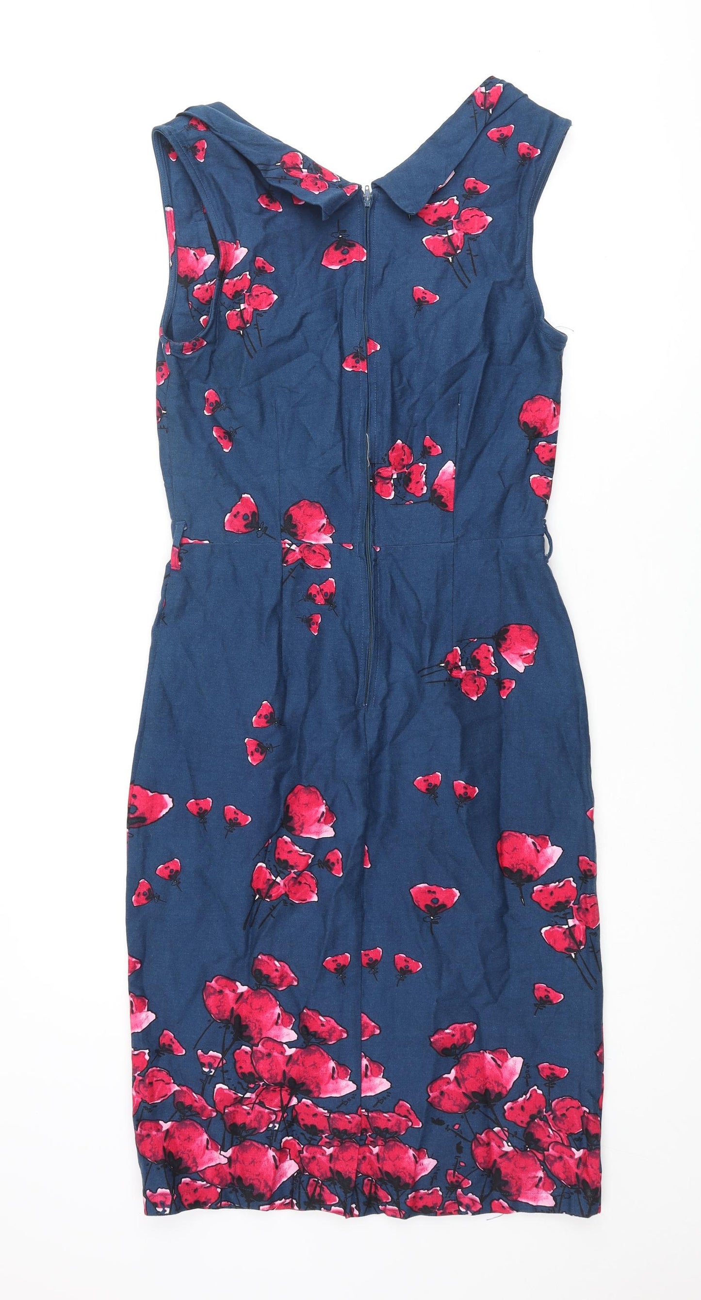 Lindy Bop Womens Blue Floral Cotton Pencil Dress Size 12 Sweetheart Zip