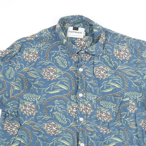Topman Mens Blue Geometric Viscose Button-Up Size M Collared Button - Floral Print