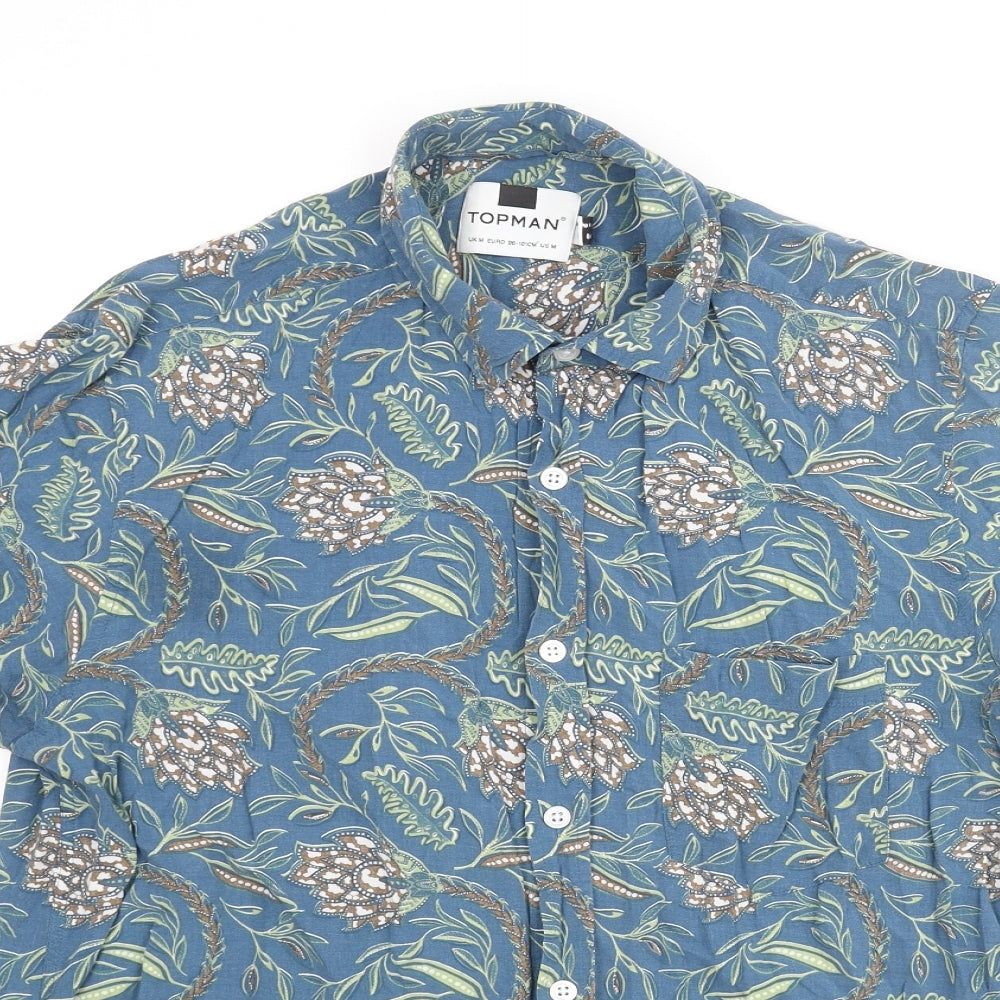 Topman Mens Blue Geometric Viscose Button-Up Size M Collared Button - Floral Print