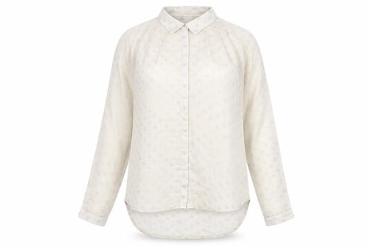 Front view of Numph women’s beige polka dot polyester basic blouse, size UK 14, collared - semi sheer