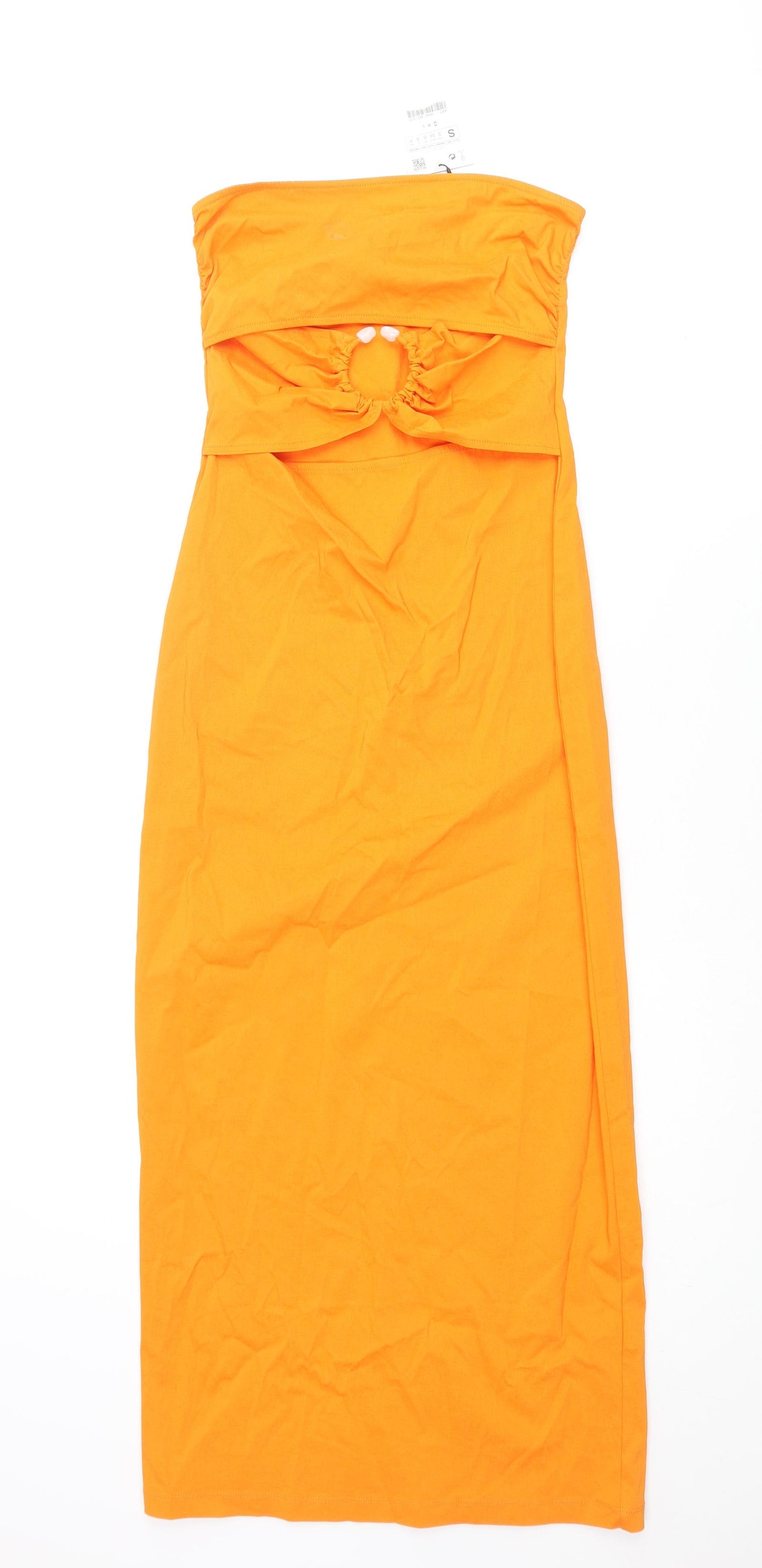 Zara Womens Orange Viscose Bodycon Size S Scoop Neck Pullover - Bull Ring Detail