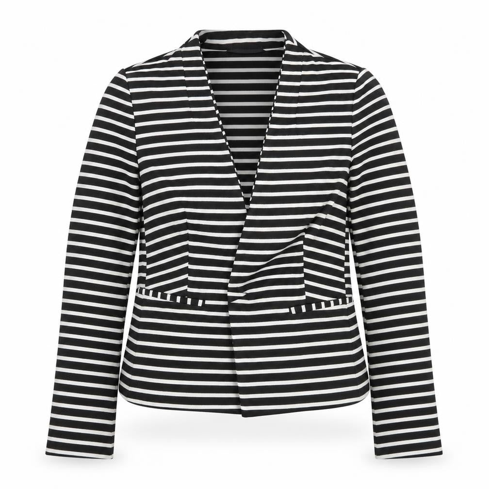 Front view of Marks & Spencer women’s black striped jacket, size UK 12