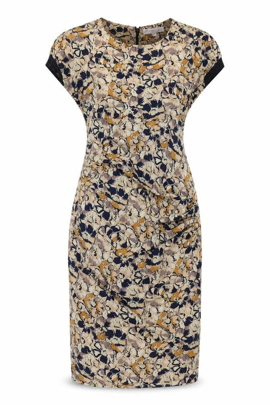 Front view of Gharani Strok women’s multicoloured floral polyester pencil dress, size UK 10, round neck zip - rouched