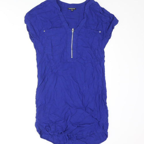 Warehouse Womens Blue Viscose Mini Size 10 V-Neck Zip