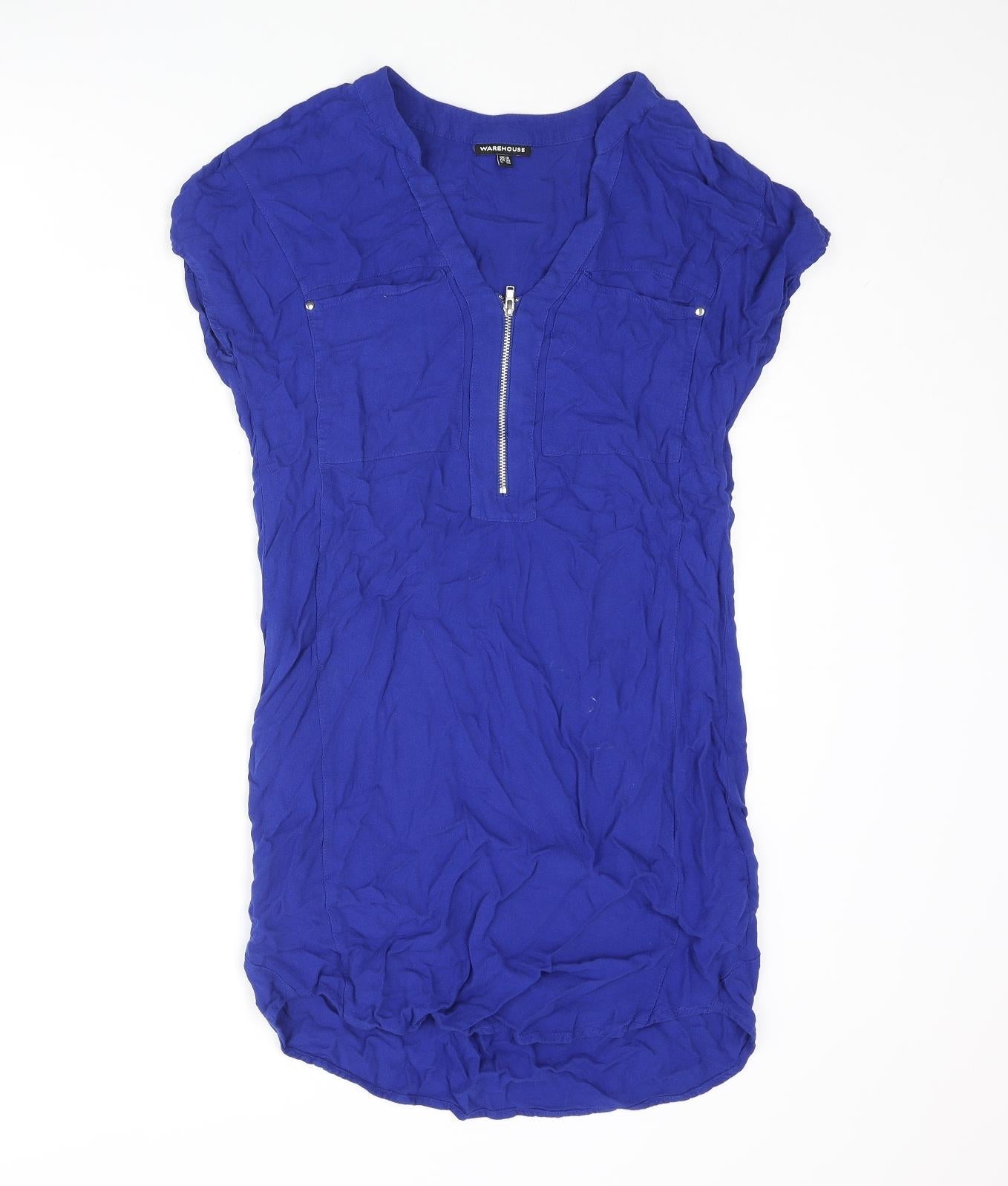 Warehouse Womens Blue Viscose Mini Size 10 V-Neck Zip