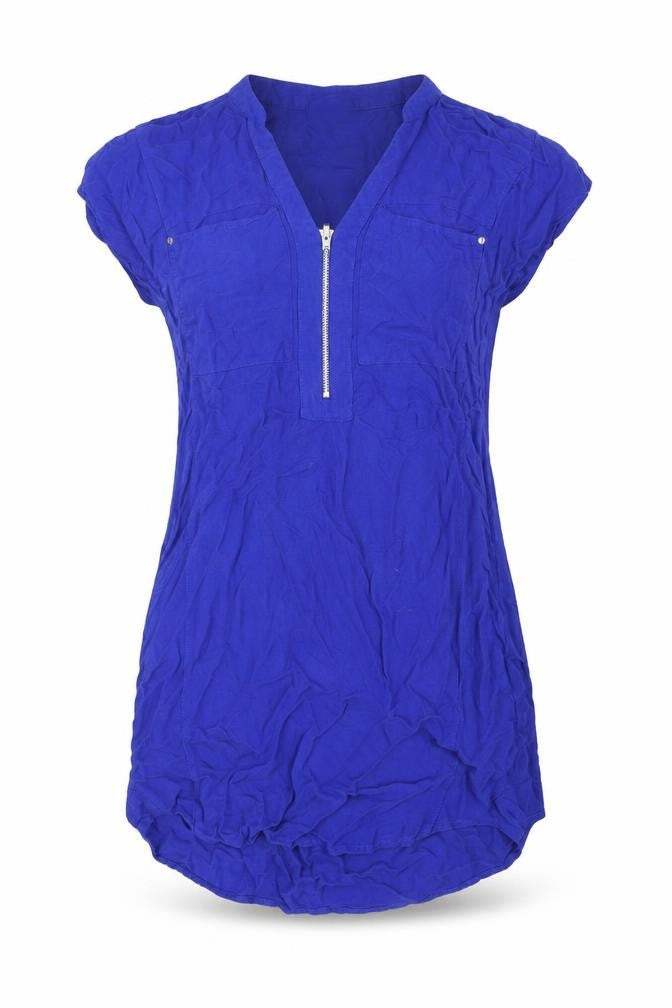 Front view of Warehouse women’s blue viscose mini, size UK 10, v-neck zip