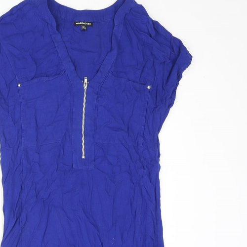 Warehouse Womens Blue Viscose Mini Size 10 V-Neck Zip