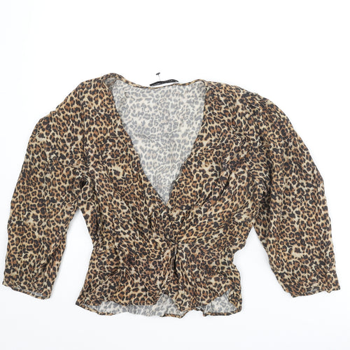 Pull&Bear Womens Brown Animal Print Viscose Cropped Blouse Size S V-Neck - Peplum Wrap Style