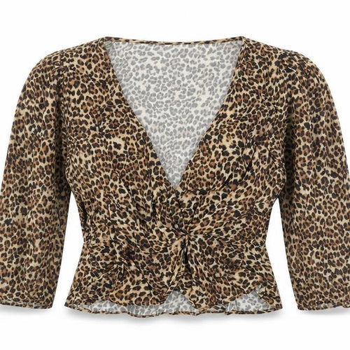 Pull&Bear Womens Brown Animal Print Viscose Cropped Blouse Size S V-Neck - Peplum Wrap Style