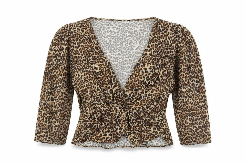 Pull&Bear Womens Brown Animal Print Viscose Cropped Blouse Size S V-Neck - Peplum Wrap Style