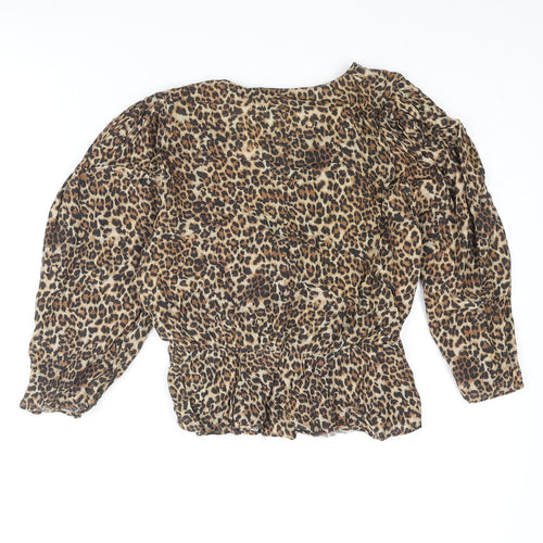 Pull&Bear Womens Brown Animal Print Viscose Cropped Blouse Size S V-Neck - Peplum Wrap Style