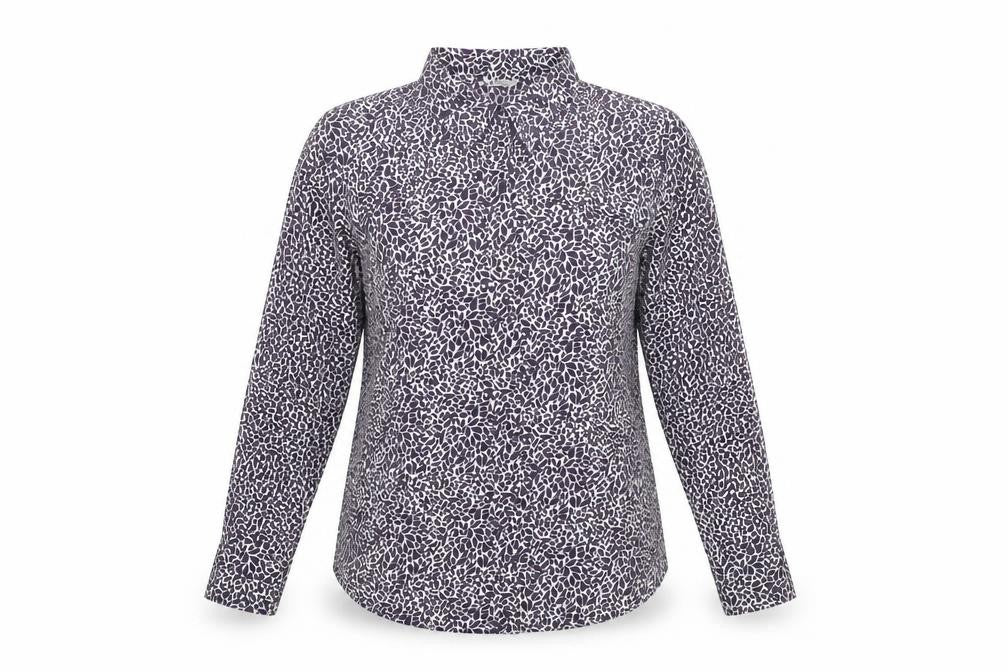 Front view of Marks & Spencer women’s purple geometric polyester basic button-up, size UK 16, collared