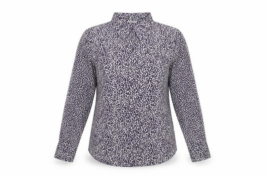 Front view of Marks & Spencer women’s purple geometric polyester basic button-up, size UK 16, collared