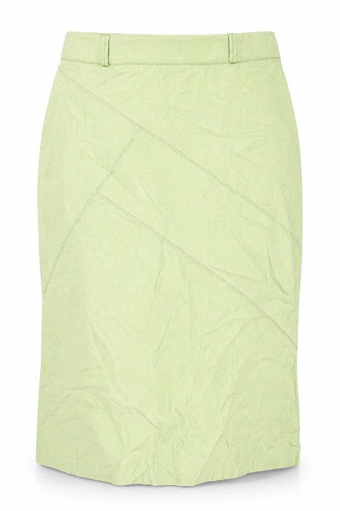 Front view of Off Shoot women’s green polyester straight & pencil skirt, size UK 34, in zip