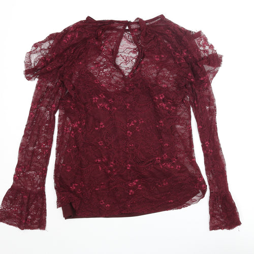 Warehouse Womens Red Nylon Basic Blouse Size 10 Round Neck - Frill
