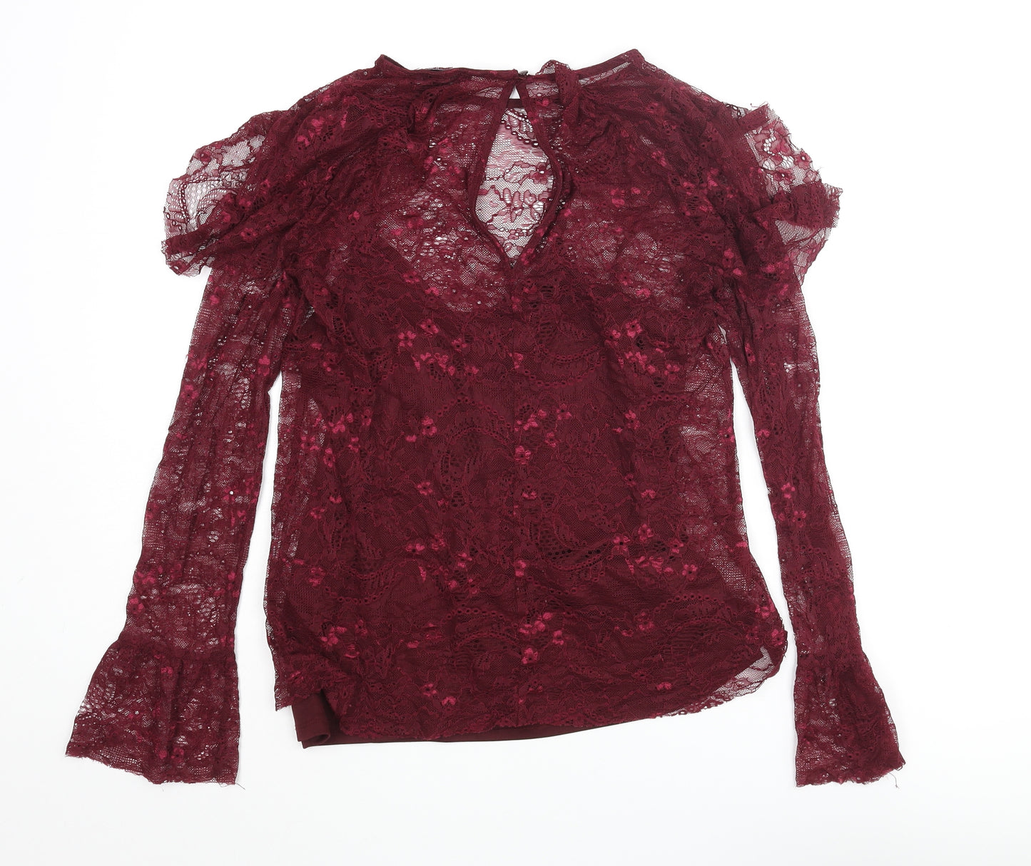 Warehouse Womens Red Nylon Basic Blouse Size 10 Round Neck - Frill