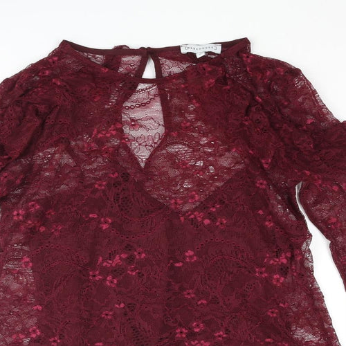 Warehouse Womens Red Nylon Basic Blouse Size 10 Round Neck - Frill