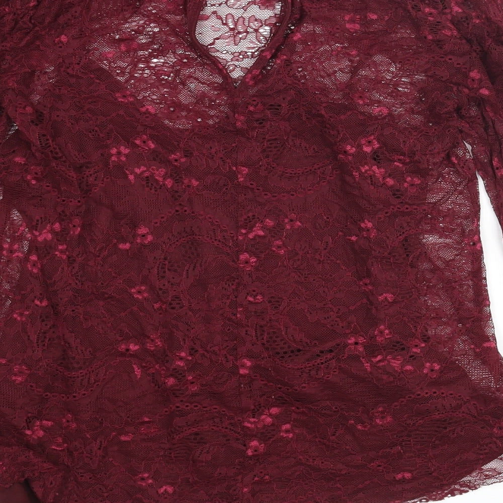 Warehouse Womens Red Nylon Basic Blouse Size 10 Round Neck - Frill