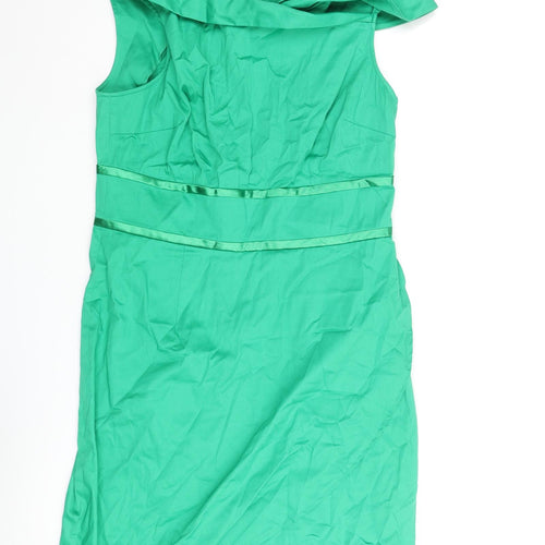 Definitions Womens Green Cotton Pencil Dress Size 10 Off the Shoulder Zip - Belt Detail