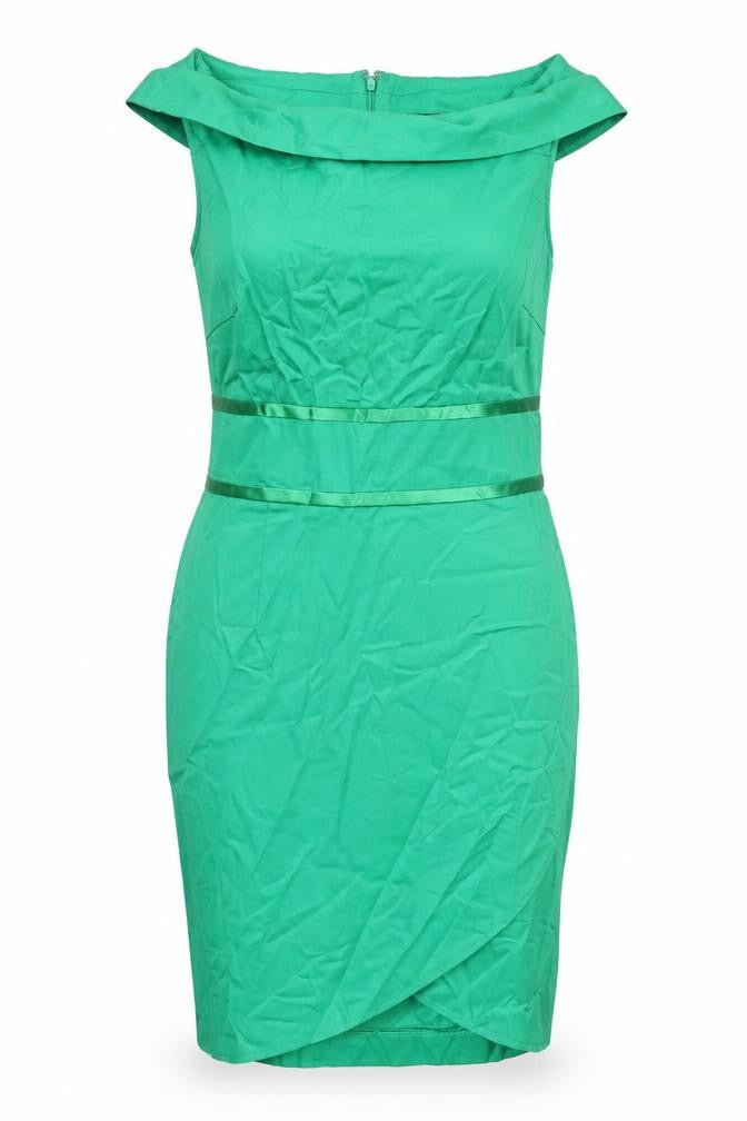 Definitions Womens Green Cotton Pencil Dress Size 10 Off the Shoulder Zip - Belt Detail