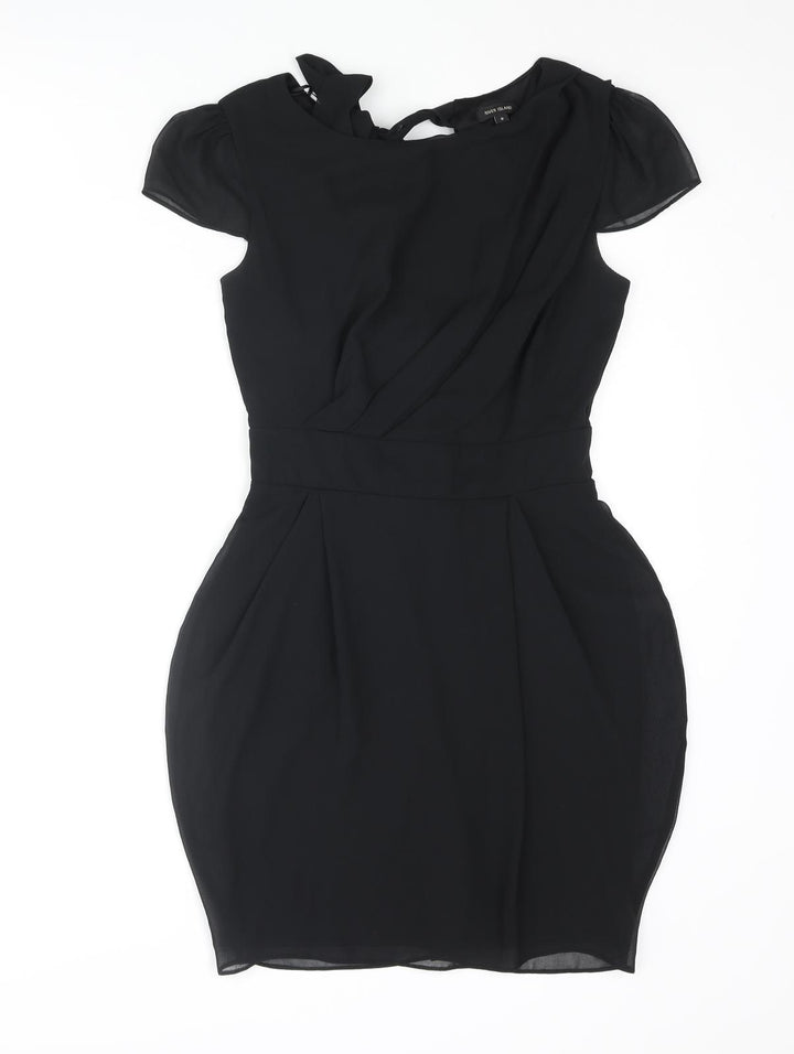 River Island Womens Black Polyester Mini Size 8 Boat Neck Zip - Pleated Bow