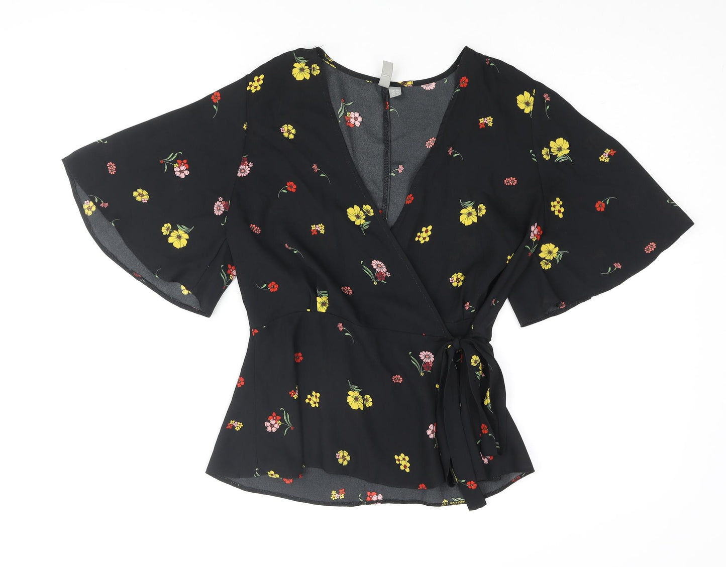ASOS Womens Black Floral Polyester Basic Blouse Size 10 Scoop Neck - Wrap Peplum