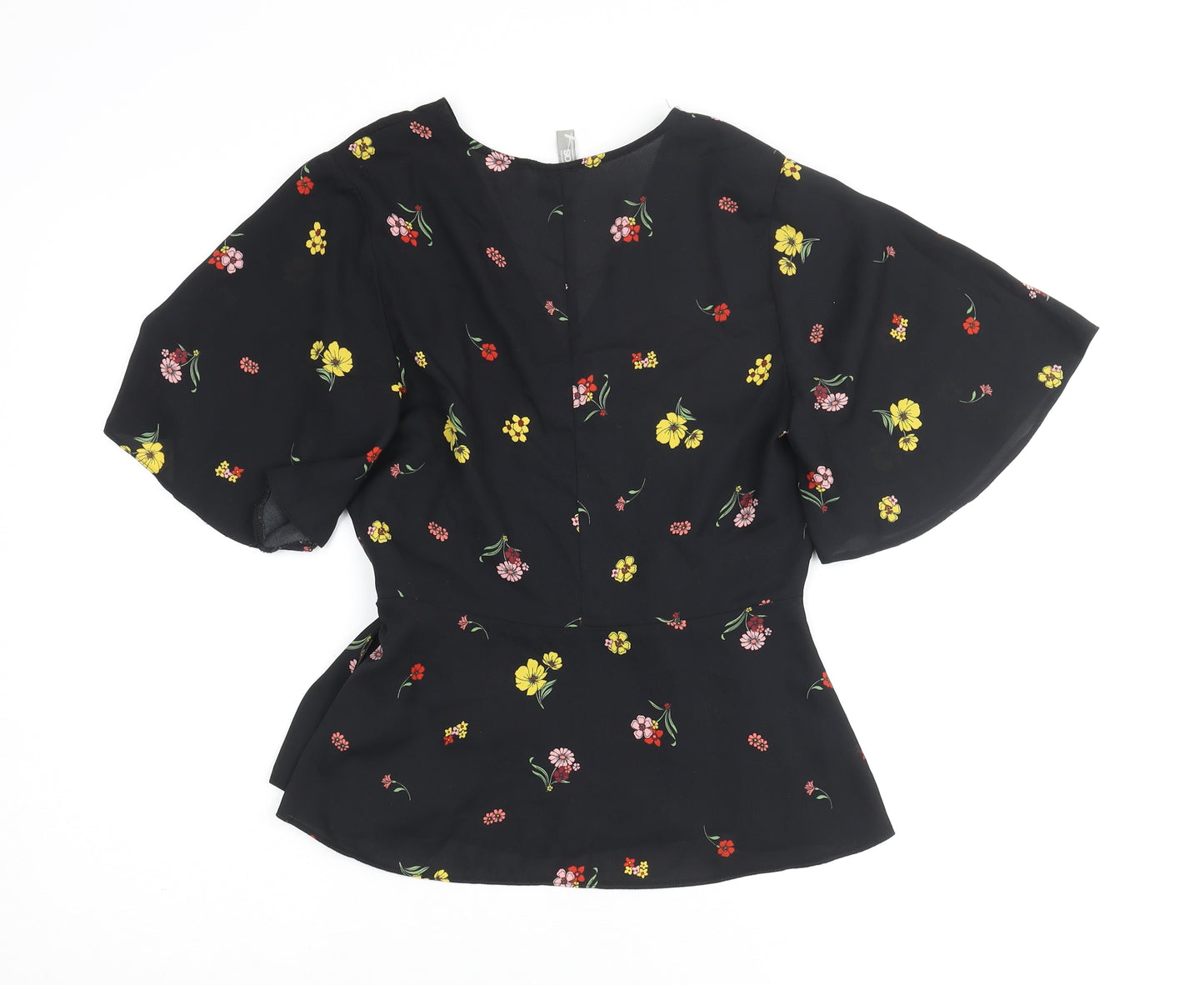 ASOS Womens Black Floral Polyester Basic Blouse Size 10 Scoop Neck - Wrap Peplum