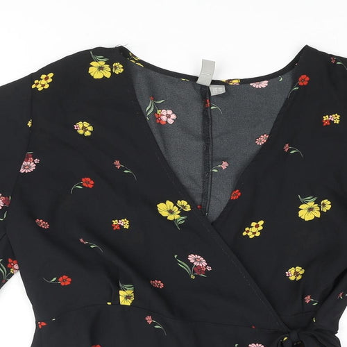 ASOS Womens Black Floral Polyester Basic Blouse Size 10 Scoop Neck - Wrap Peplum