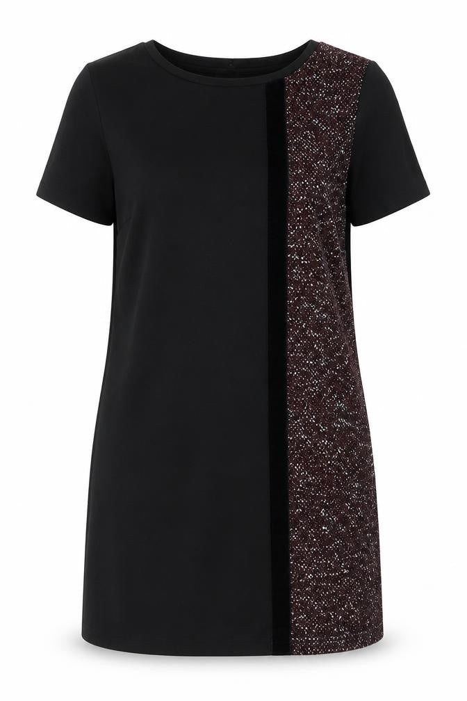 Front view of New Look women’s black polyester shift, size UK 8, round neck pullover - velvet stripe textured
