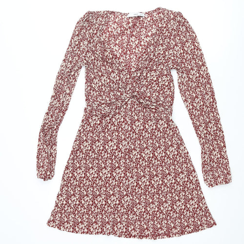 Mango Womens Red Floral Polyester A-Line Size S V-Neck Pullover - Knot Detail Plisse