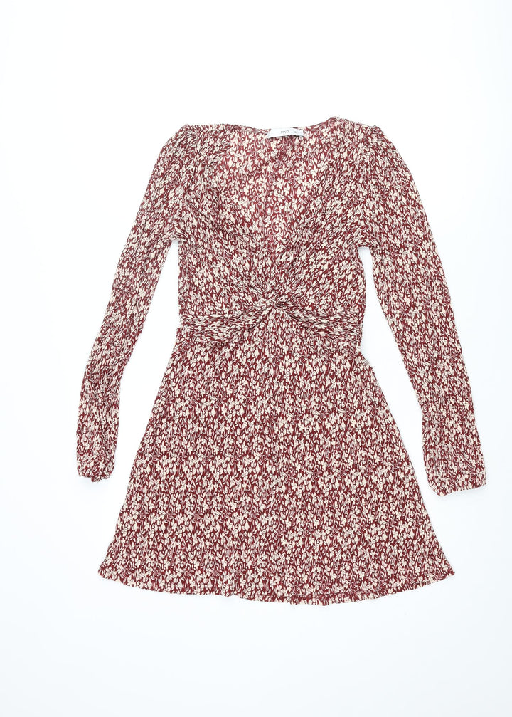 Mango Womens Red Floral Polyester A-Line Size S V-Neck Pullover - Knot Detail Plisse
