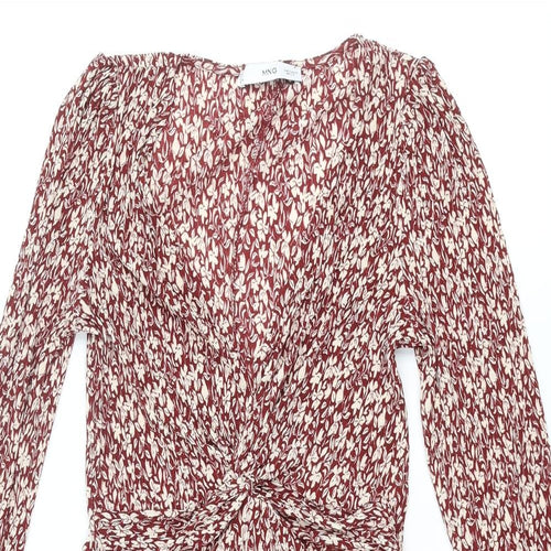 Mango Womens Red Floral Polyester A-Line Size S V-Neck Pullover - Knot Detail Plisse