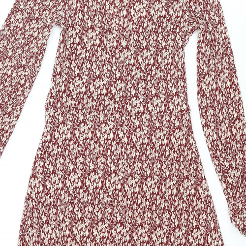 Mango Womens Red Floral Polyester A-Line Size S V-Neck Pullover - Knot Detail Plisse