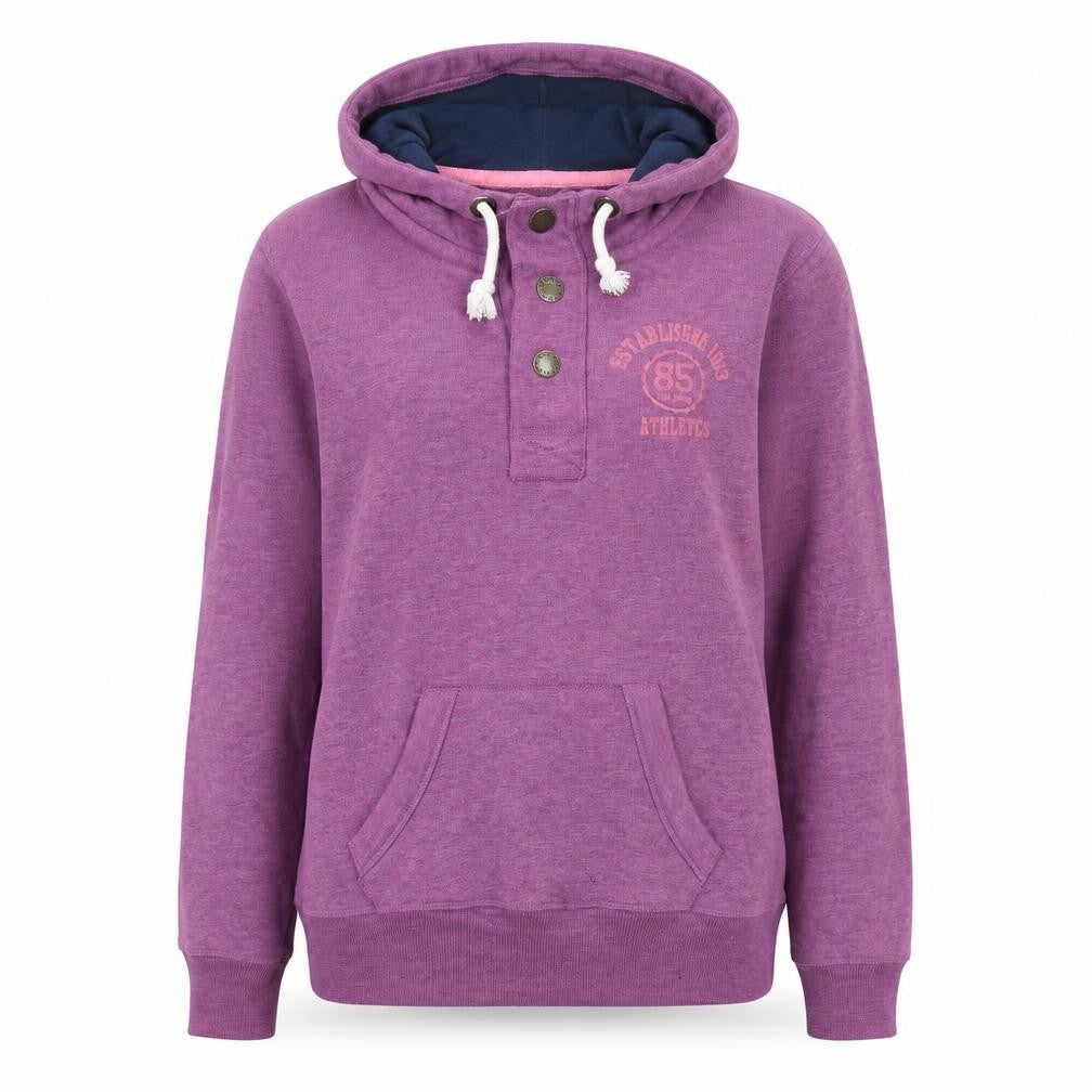Front view of Crane women’s purple polyester pullover hoodie, size L, snap - new jersey